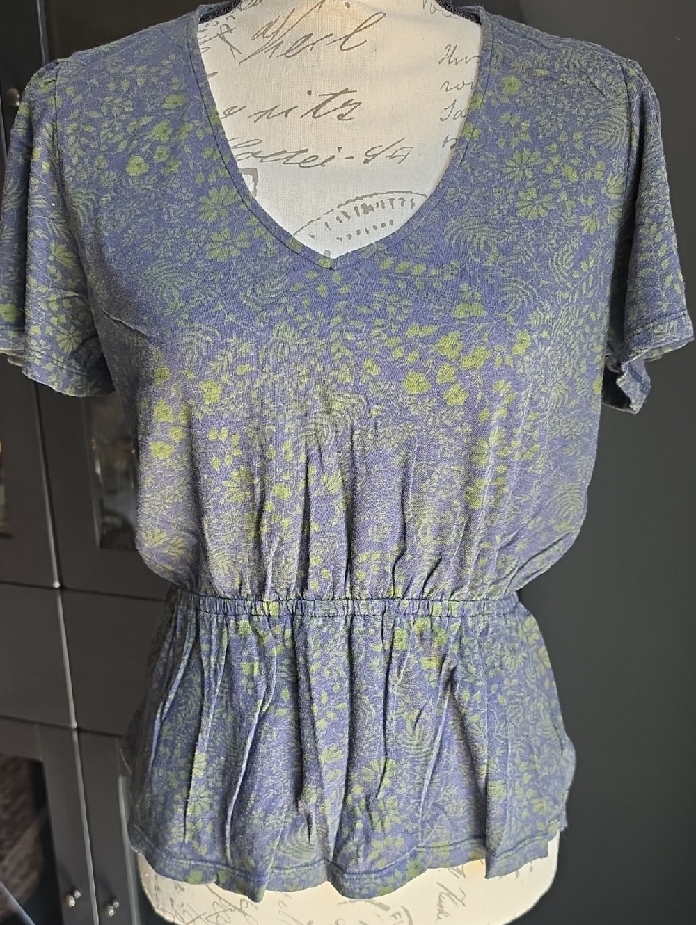 Lucky Brand V-Neck Floral Peplum Top in Navy and Olive